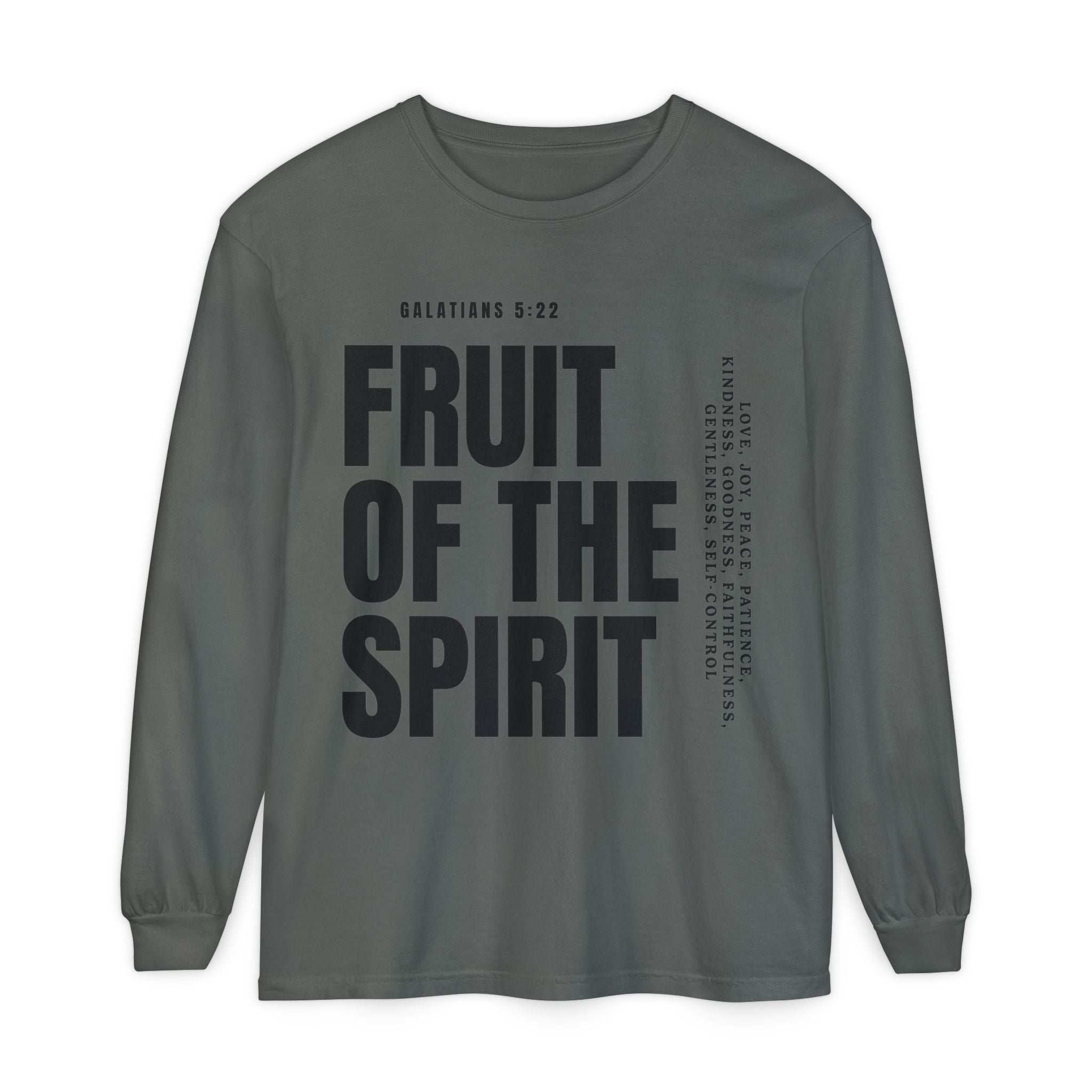 Fruit of the Spirit Long Sleeve Tee — Galatians 5:22 Christian Graphic Shirt (Be Fruitful)
