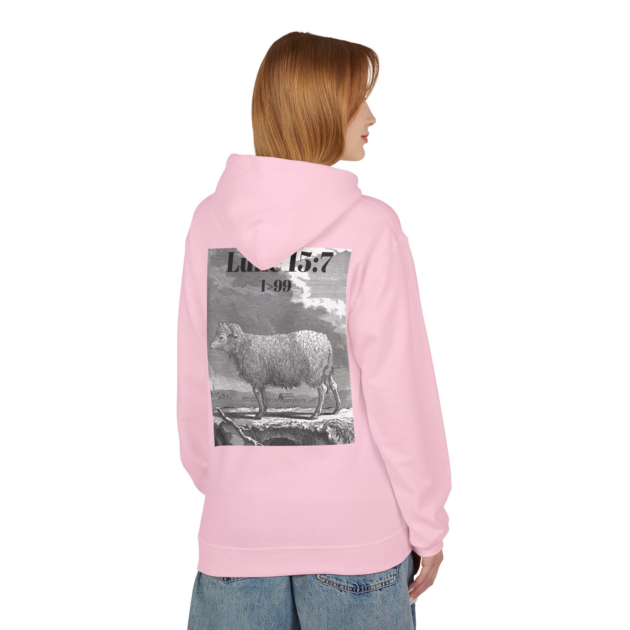 Sheep Graphic Hoodie – "FOUND" Front & Luke 15:7 Back Religious Pullover